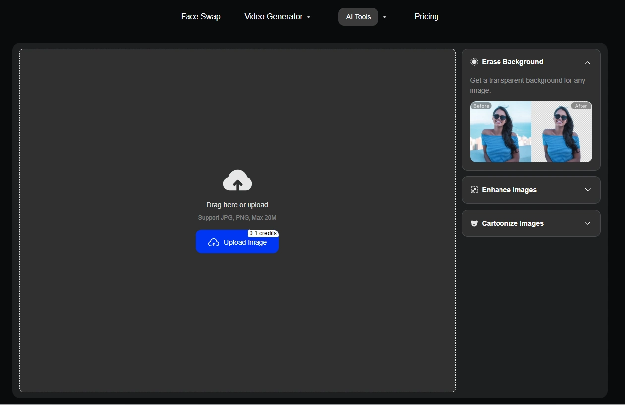 Screenshot of DeepSwap AI Tools interface, showing image upload area with drag-and-drop support for JPG/PNG files up to 20MB at 0.1 credits, 'Upload Image' button, and sidebar options including Erase Background (with before/after example of a woman), Enhance Images, and Cartoonize Images.
