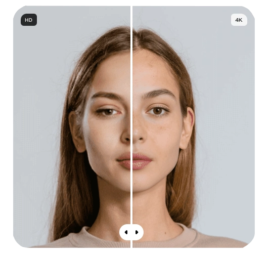Screenshot from DeepSwap AI review showing a side-by-side comparison of face swap results: left side in HD quality with a woman having subtle, natural facial features, makeup, and brown hair; right side in 4K quality with sharper, more defined eyes, brows, lips, and clothing details. Toggle controls for HD and 4K are visible at the top, with circular adjustment dots below.