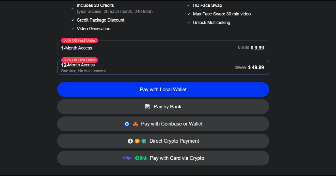 Screenshot of DeepSwap AI subscription purchase interface showing a $49.90 monthly plan option. It includes 30 credits (360 total), HD face swap videos, 12-month access, face swap 30 minutes, max multitas 30 minutes, and payment methods like Pay with Wallet ($49.90), Pay with Bank, Pay with Coin or Wallet, Direct Payment, and Pay with Card Crypto. Features video generation and unlock multitas highlighted.
