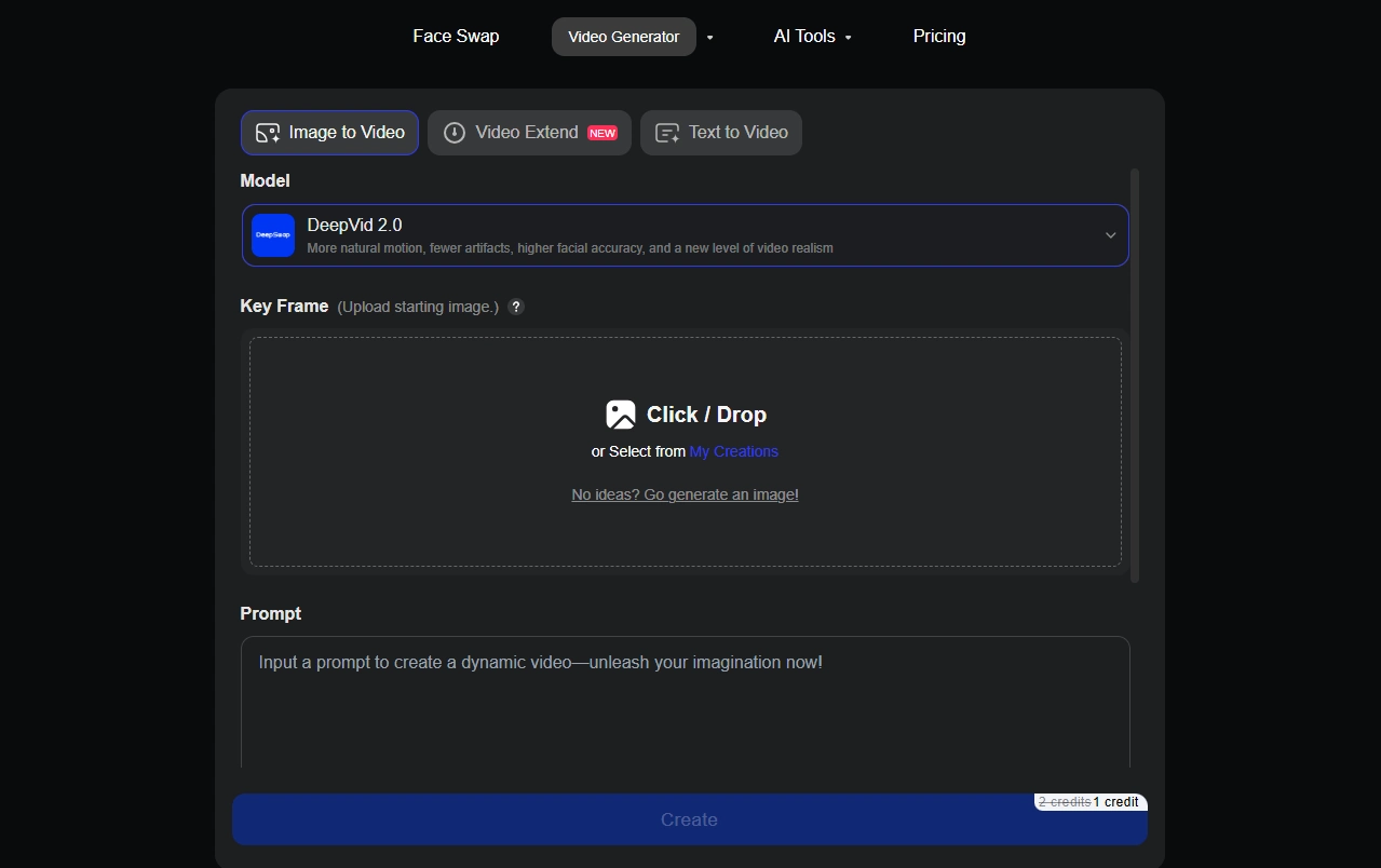Screenshot of DeepSwap AI Video Generator interface, featuring tabs for Image to Video, Video Extend (NEW), and Text to Video; model selection with DeepVid 2.0; key frame upload area for starting image; prompt input field; and 'Create' button with 2 credits cost (1 credit option).