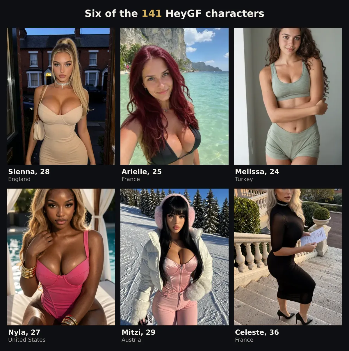 Six HeyGF AI characters with name, age and country: Sienna 28 from England, Arielle 25 from France, Melissa 24 from Turkey, Nyla 27 from the United States, Mitzi 29 from Austria, Celeste 36 from France