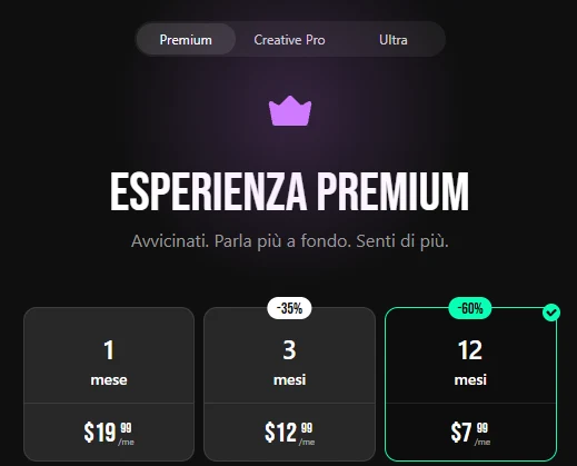 Lovescape Premium plans: $19.99 for one month, $12.99 a month for three, $7.99 a month for twelve