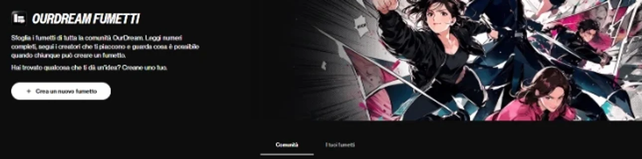 OurDream Comics library header with the Create a new comic button and the Community and Your comics tabs